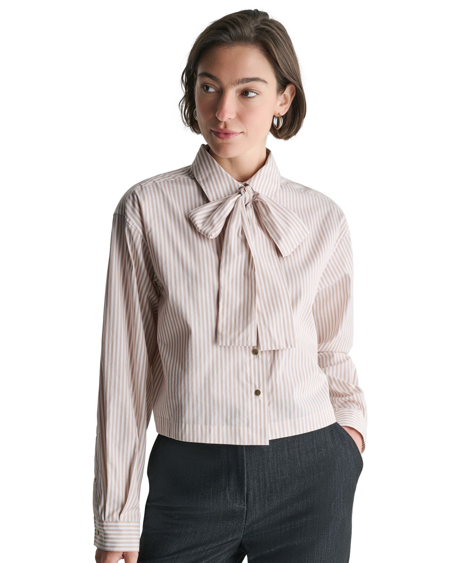 Women's Long-Sleeve Striped Tie Neck Blouse
