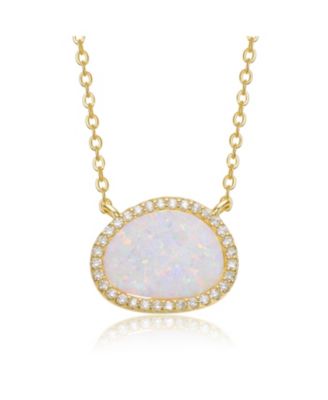 14K Gold Plated Sparkling Oval Opal and CZ Halo Necklace