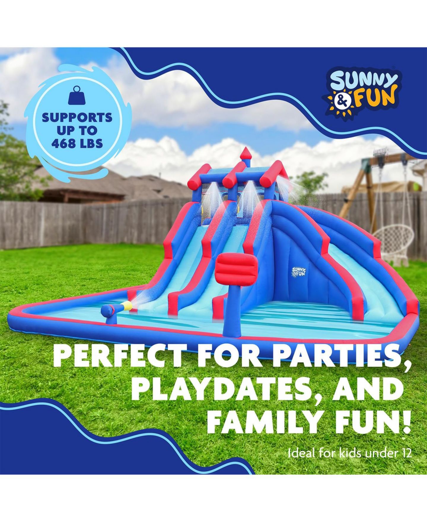 Детская игрушка Sunny & Fun Inflatable Water Slide & Pool, 18.1'L x 15.8'W x 10'H, Nylon, Plays Up to 3 Children, Ages 3-10, цвет: Синий — фото 4