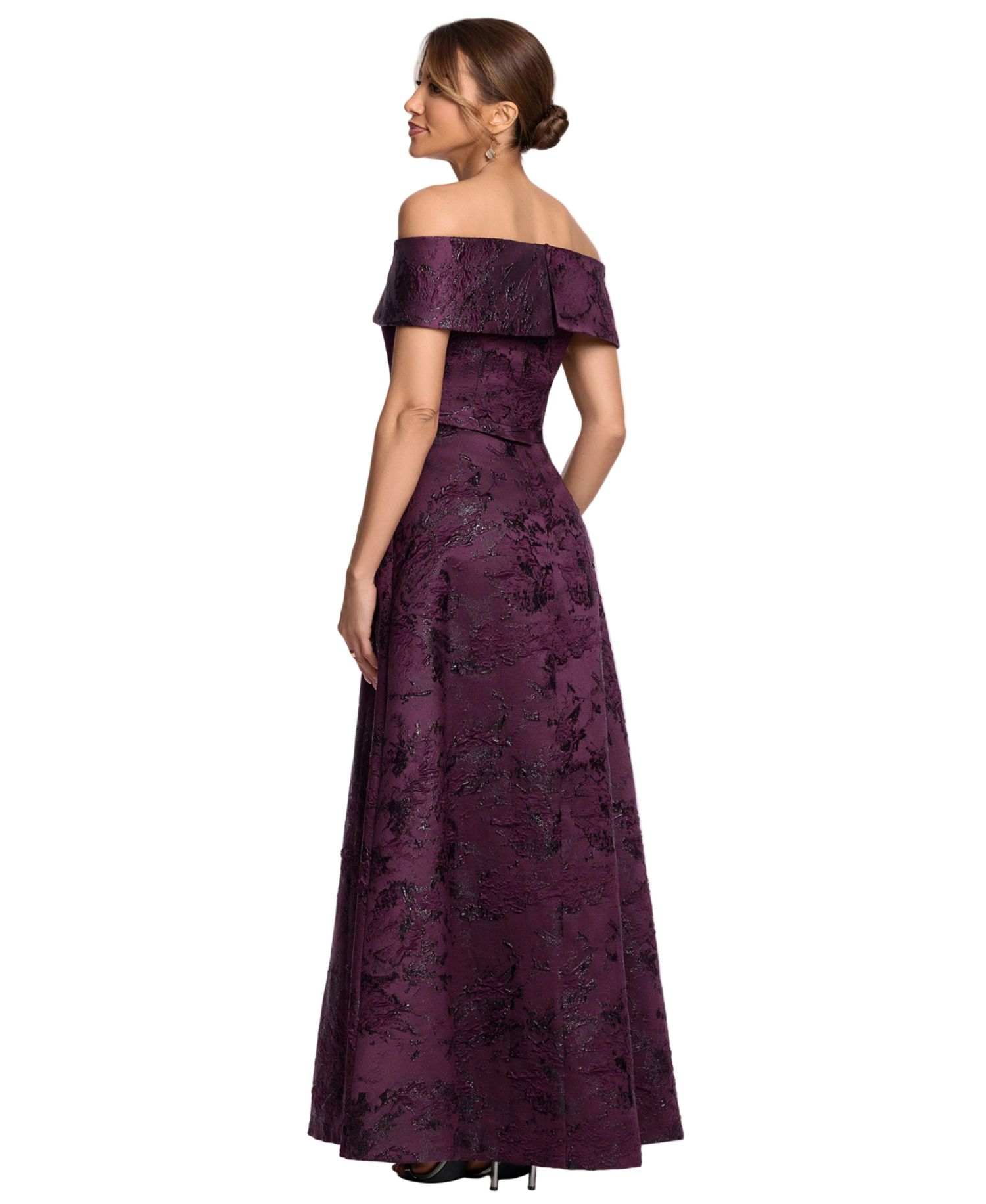 Petite Off-The-Shoulder Brocade Print Ball Gown