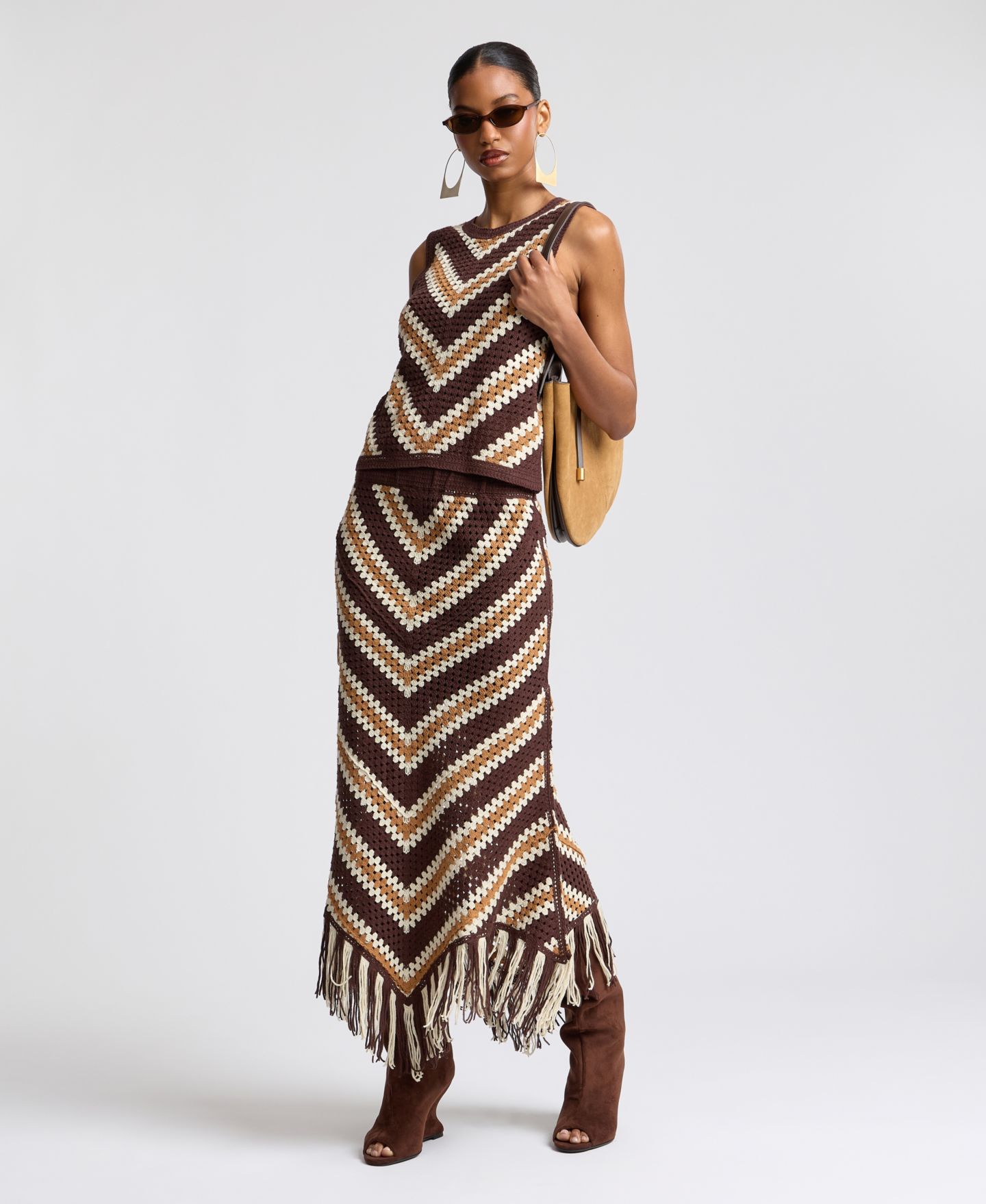Женская юбка Avec Les Filles Striped-Crochet Midi Skirt with Fringe, цвет: Коричневый — фото 3
