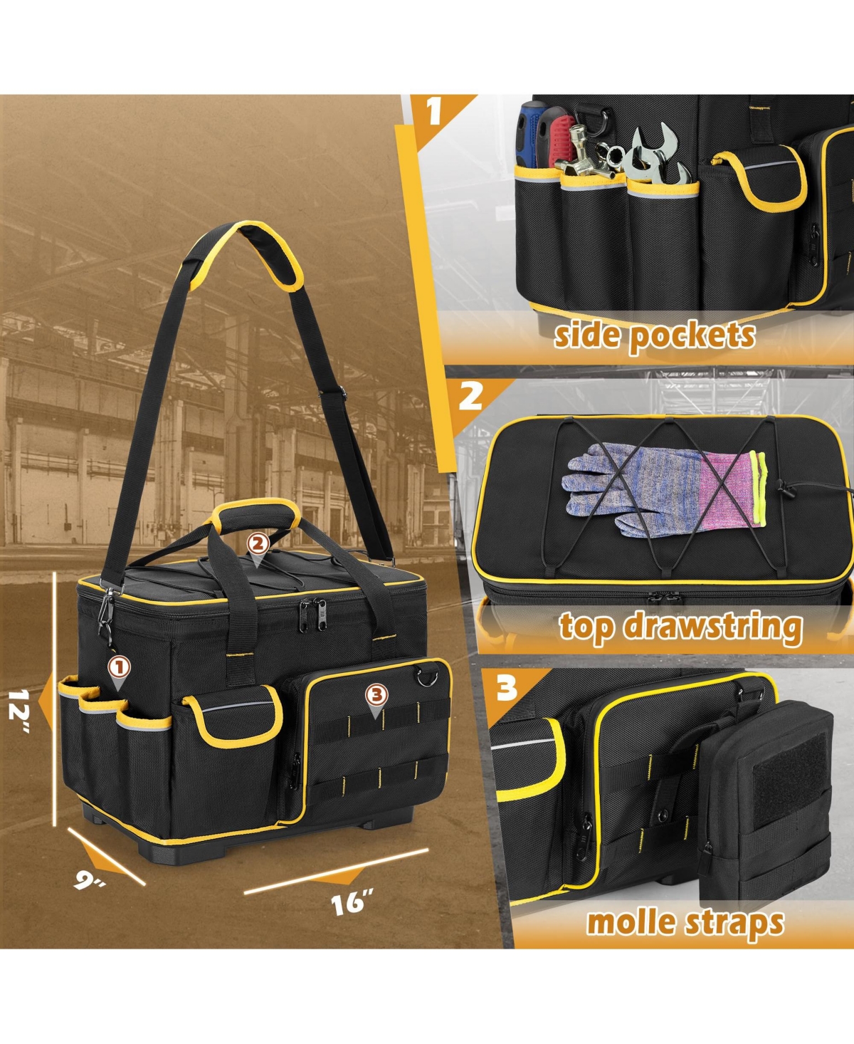Xdovet Tool Bag Hard Bottom Detachable Divider Heavy Duty Tote Pockets