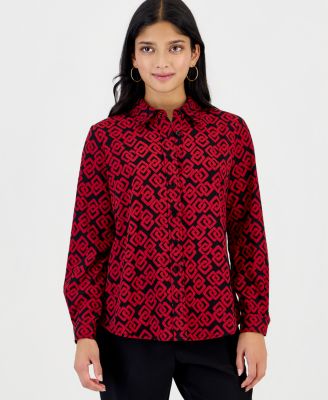 Petite Long-Sleeve Houndstooth Button-Front Blouse