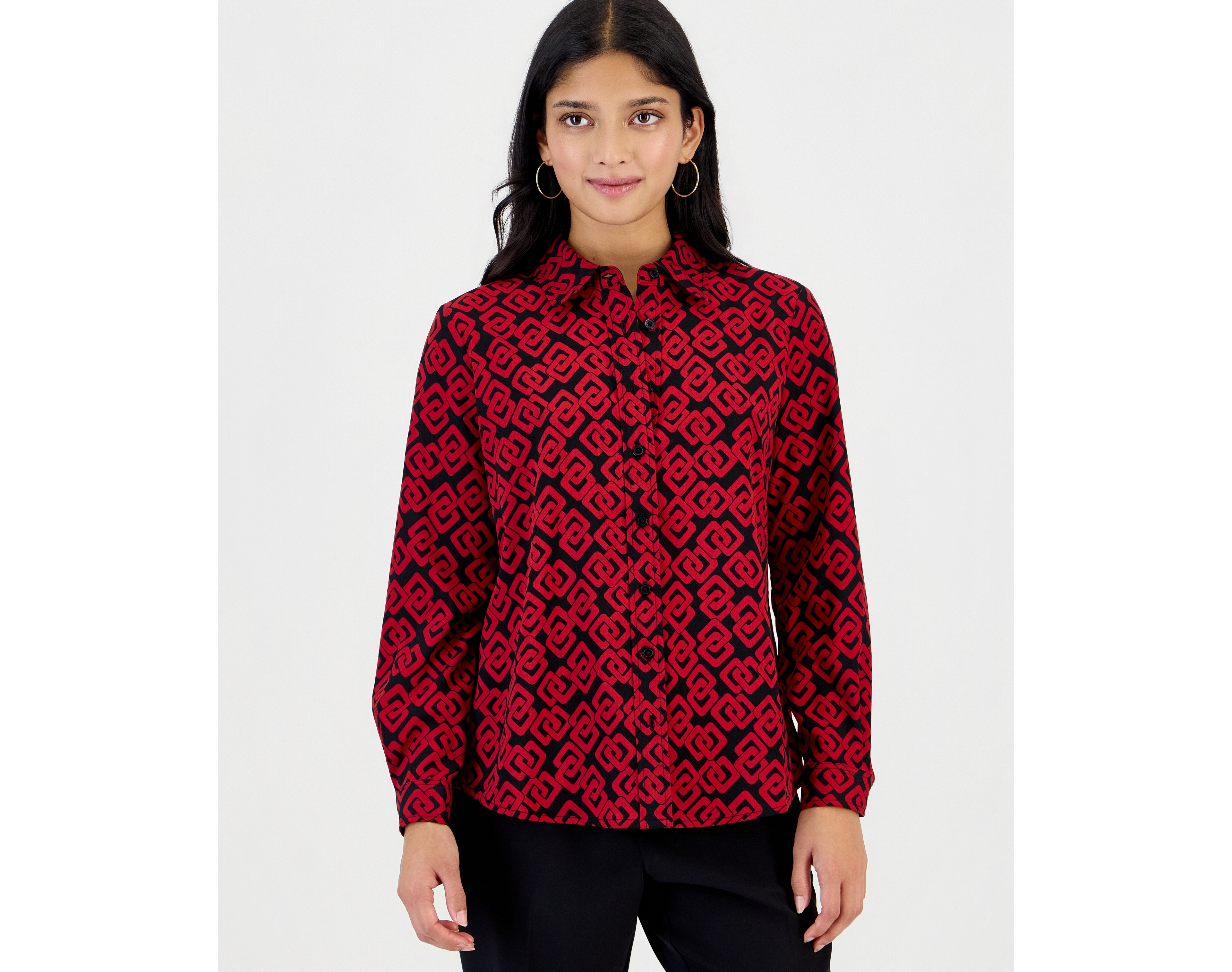 Anne Klein Essentials Petite Long-Sleeve Houndstooth Button-Front Blouse