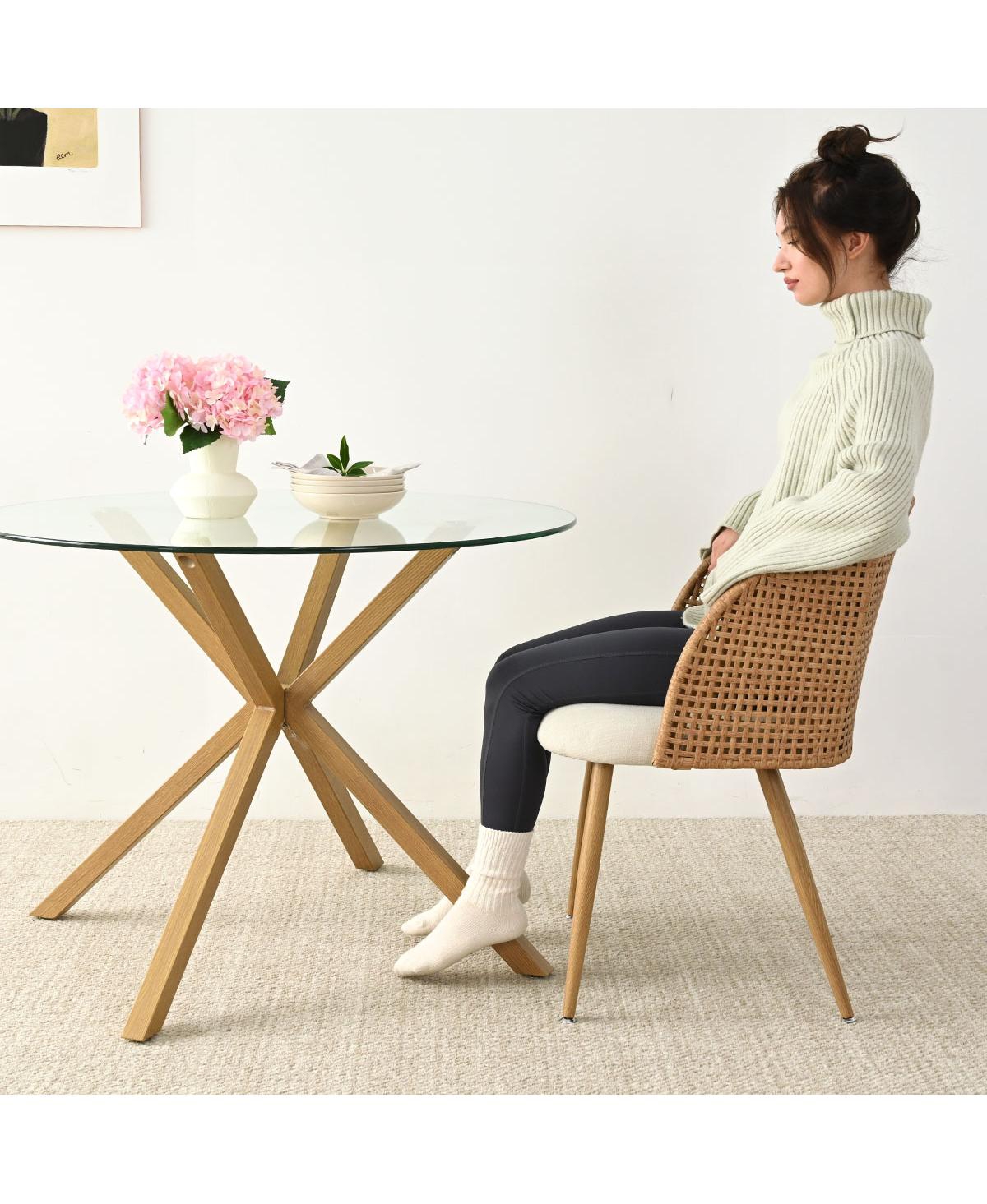 Maison Boucle Set of 2 Rattan Back Dining Chairs, Woven Cane Accent Chairs with Upholstered Seat for Kitchen