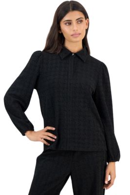 Women's Houndstooth Puff-Sleeve Long-Sleeve Blouse