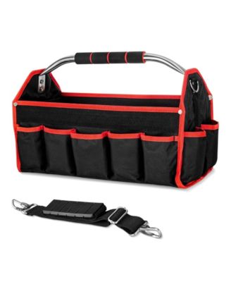 Foldable Tool Tote Bag Stiff Frame 16-Pockets Padded Handle Water-resistant Base