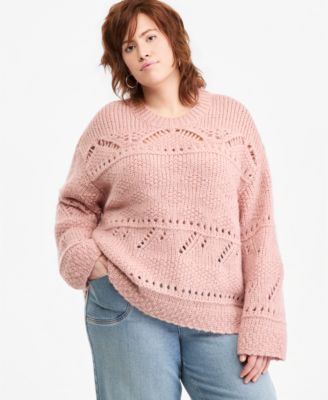 Plus Size  Pointelle Crew-Neck Loose Sweater