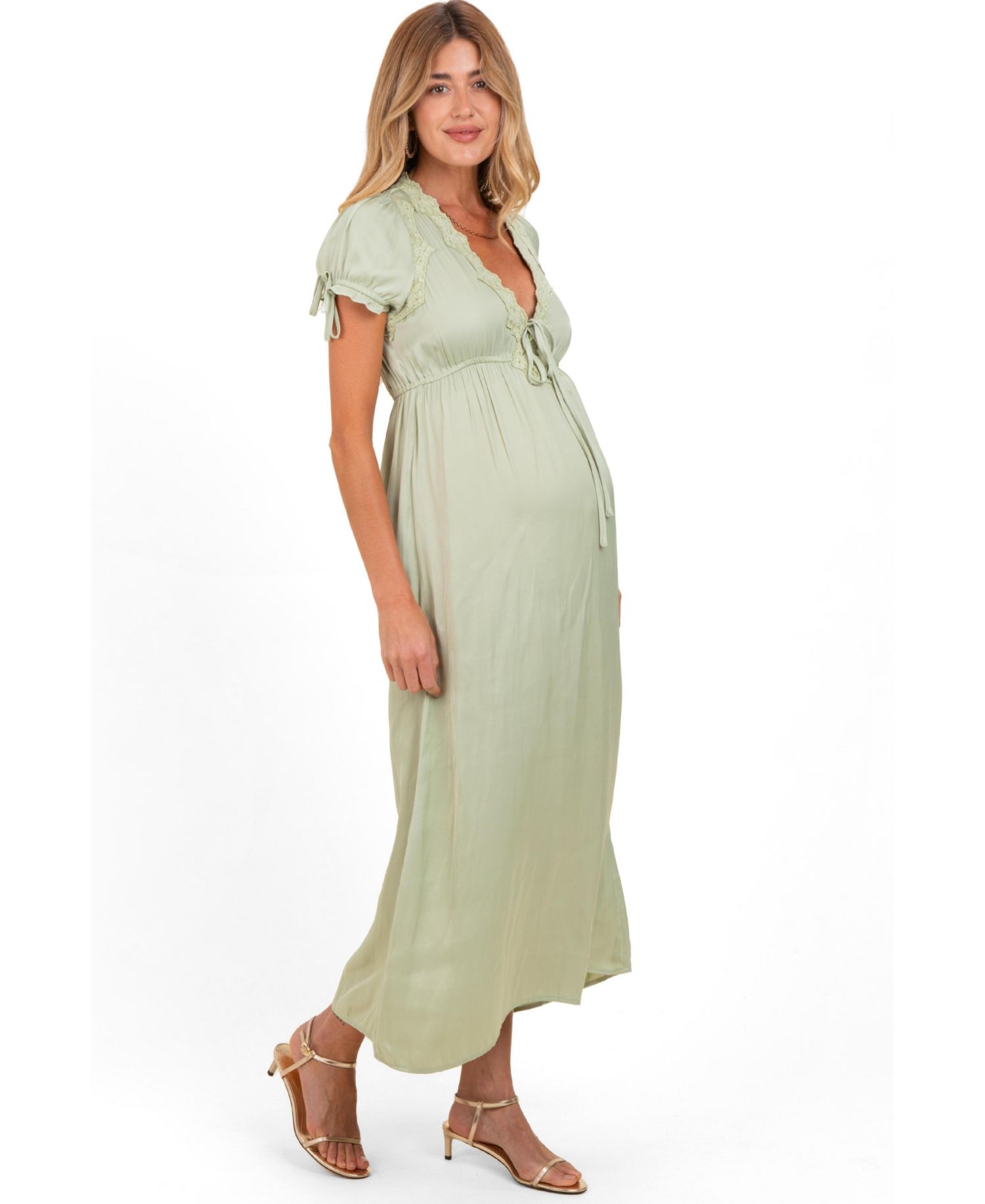 Maternity Satin Lace Detail V-Neck Short-Sleeve Maxi Dress
