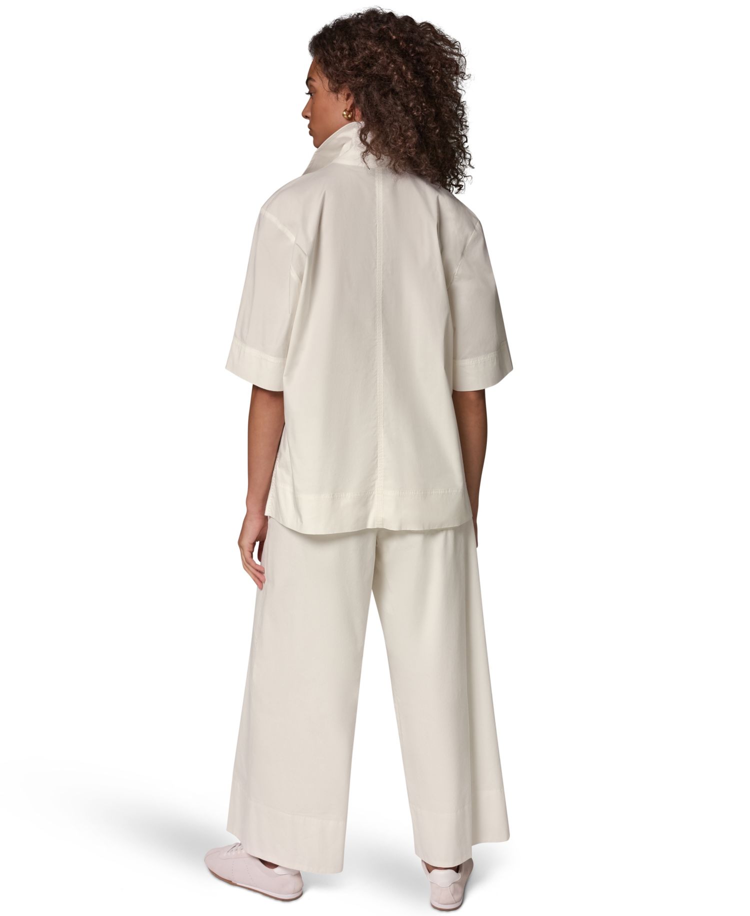 Women's Poplin Short-Sleeve V-Neck Collared Blouse