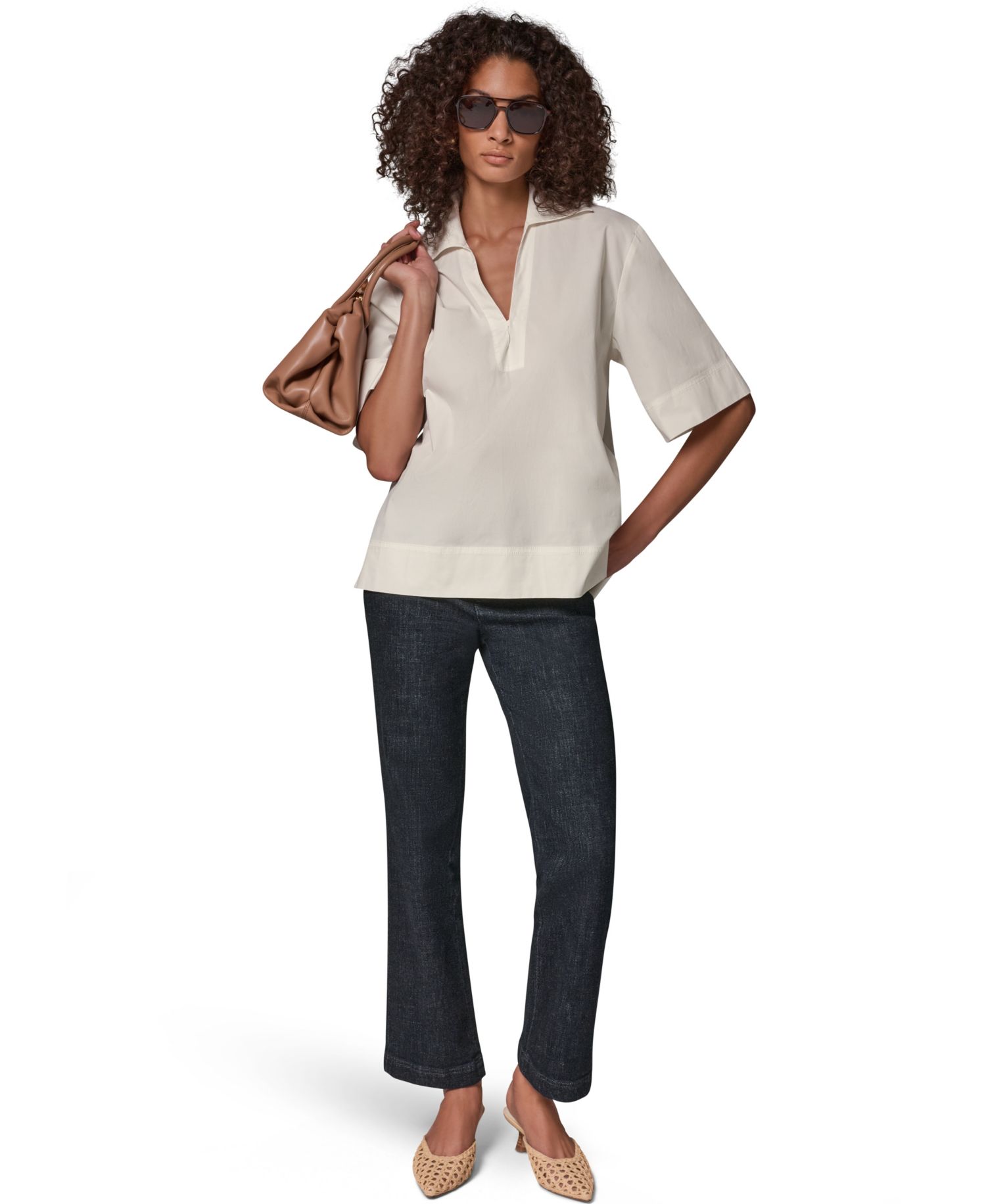 Women's Poplin Short-Sleeve V-Neck Collared Blouse