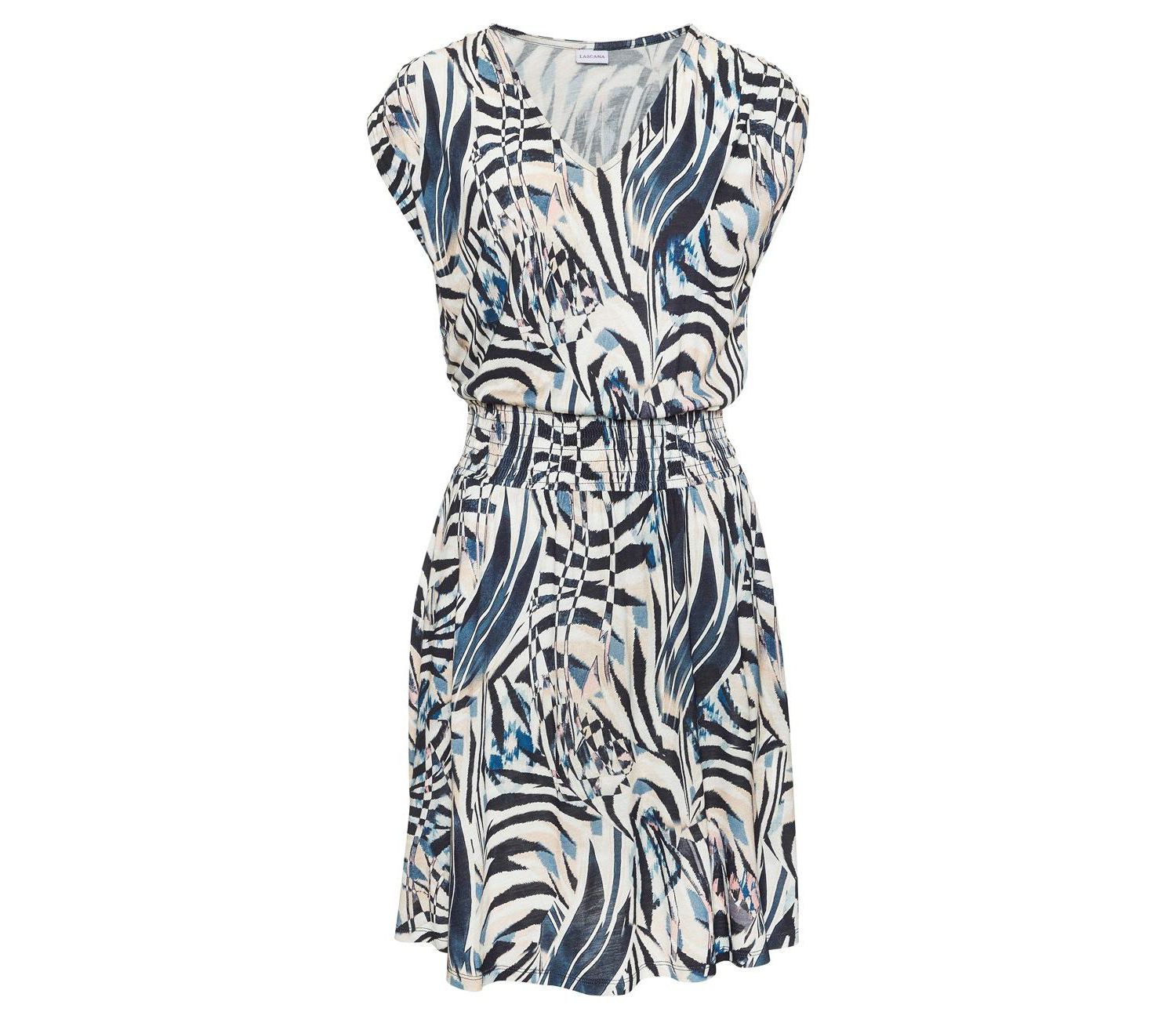 Women's Viscose Printed Smocked Waist A-Line V-Neck Short Dress