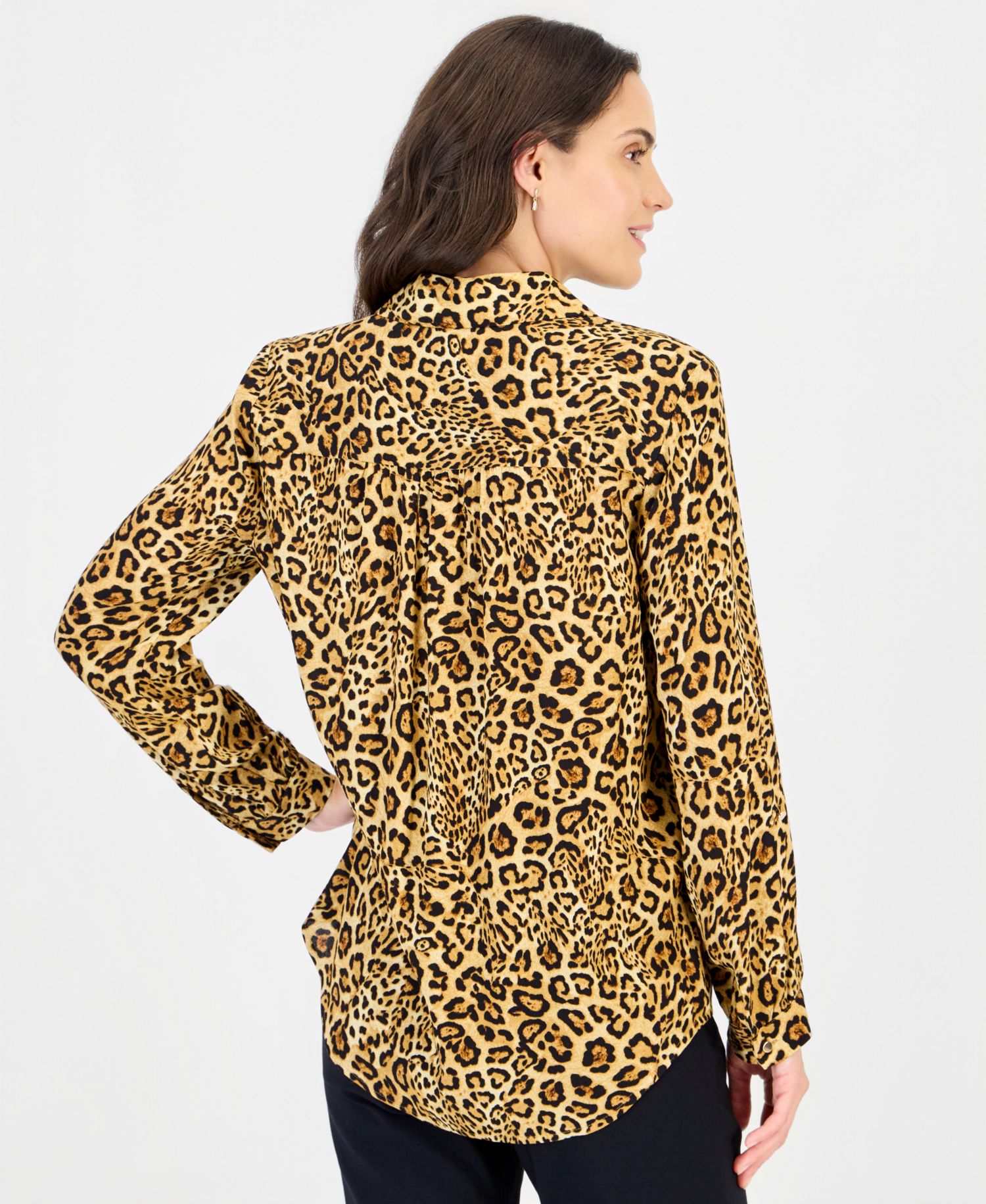 Women's Leopard-Print Roll-Tab Point Collar Button Top
