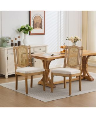 Set of 2 Solid Wood Rattan-Back Dining Chair, Matte Linen Cushion with High-Resilience Foam