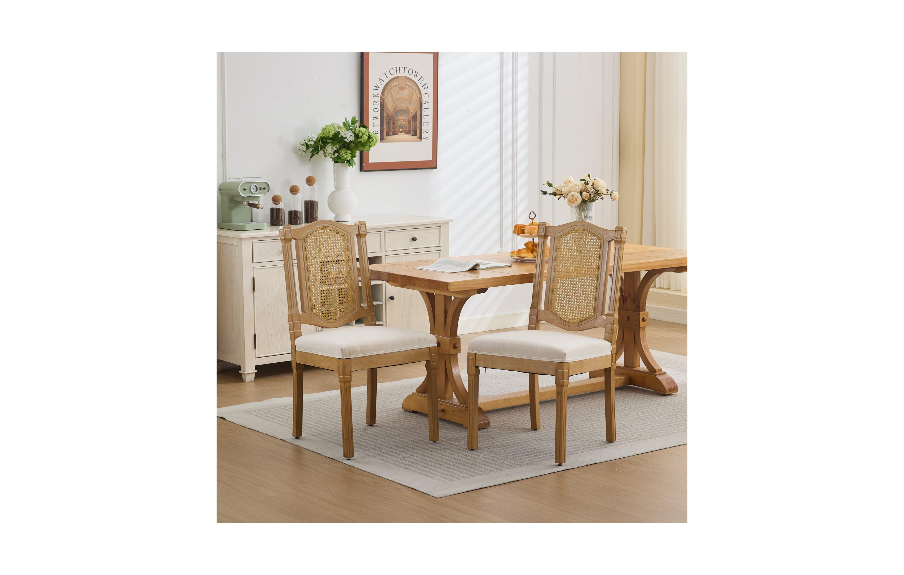 Clihome Set of 2 Solid Wood Rattan-Back Dining Chair, Matte Linen Cushion with High-Resilience Foam