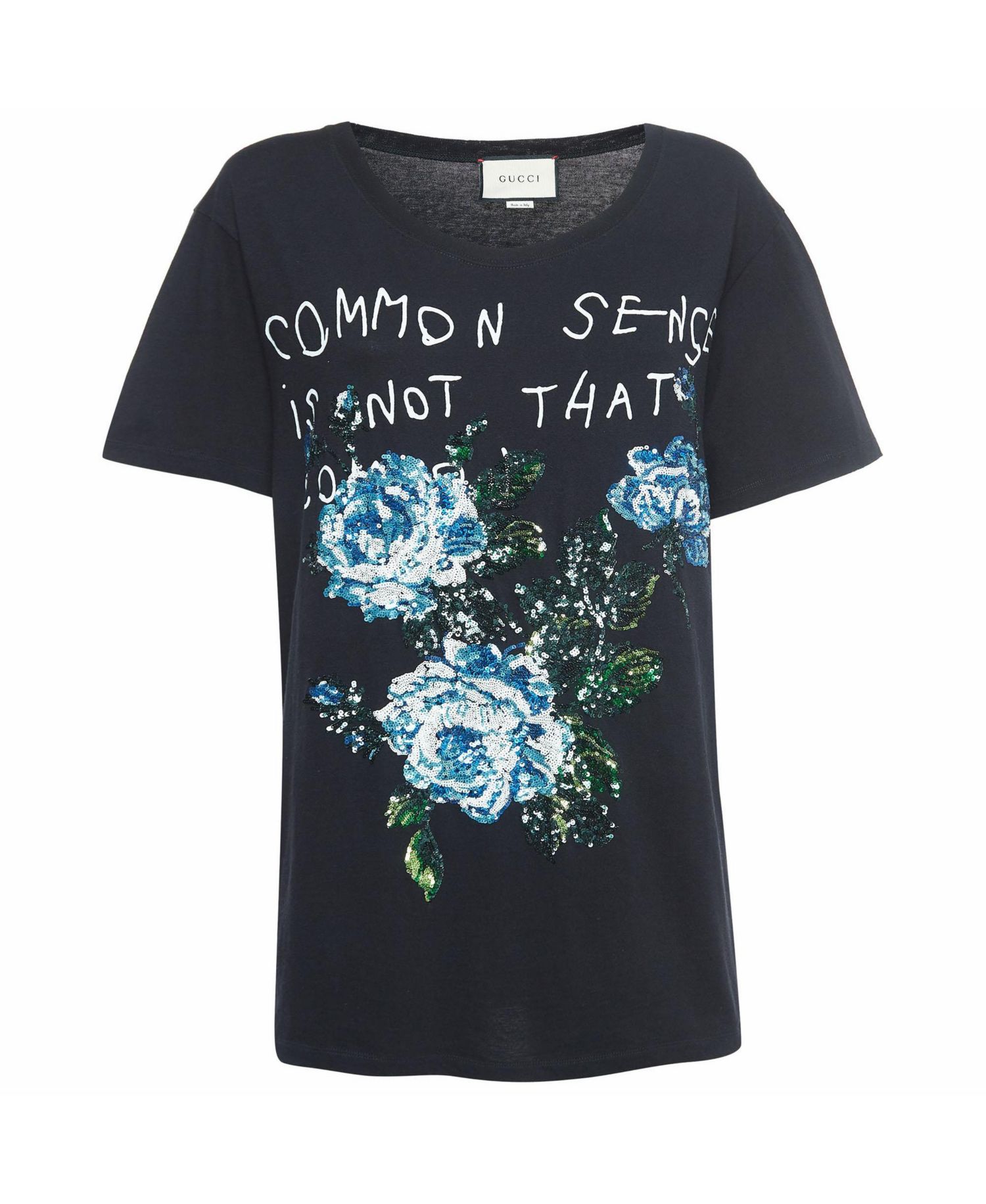 Women's Sequined Floral Common Sense Graphic T-Shirt