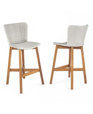 Lymington Outdoor Bar Stool Set of 2, Teak Finished Wood with Wicker Seat