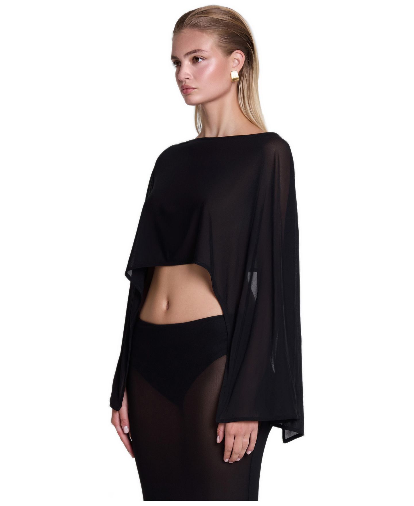 Женская накидка LEAU Imogen Sheer Mesh Long-Sleeve Boat Neck Cape, цвет: Чёрный — фото 2