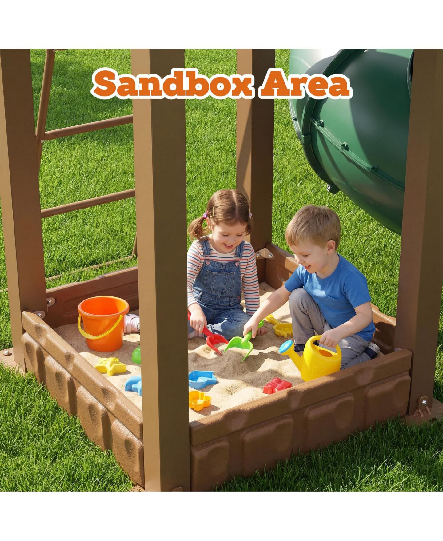 Детские игрушки homfan Swing Set for Backyard, Kids Outdoor Playhouse Equipment with Turbo Tube Slide and Basketball Hoop, цвет: Зелёный — фото 5