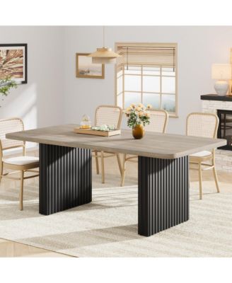 71-Inch Farmhouse Dining Table for 6-8, Wood Top with Black Fluted Wave Metal Legs