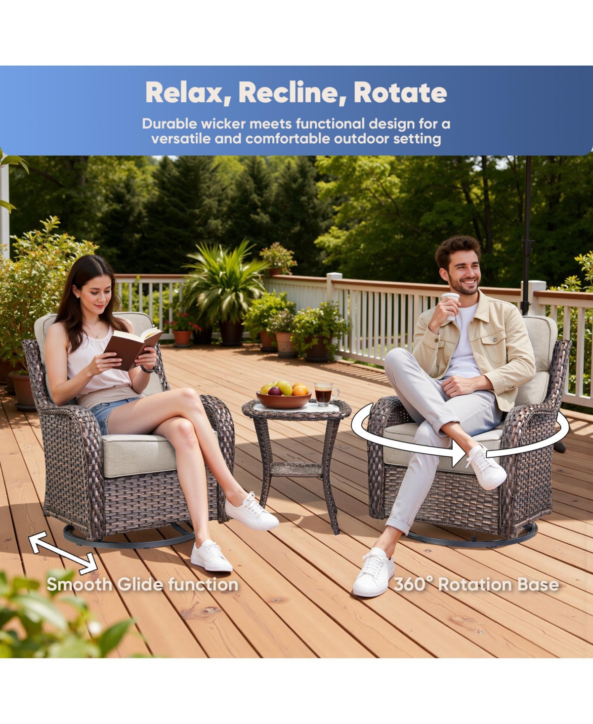 Pocassy Piece Outdoor Patio Furniture with Fire Pit Set,Wicker Sofa Set Rocking Chairs Ottomans,6inch Thick Cushions