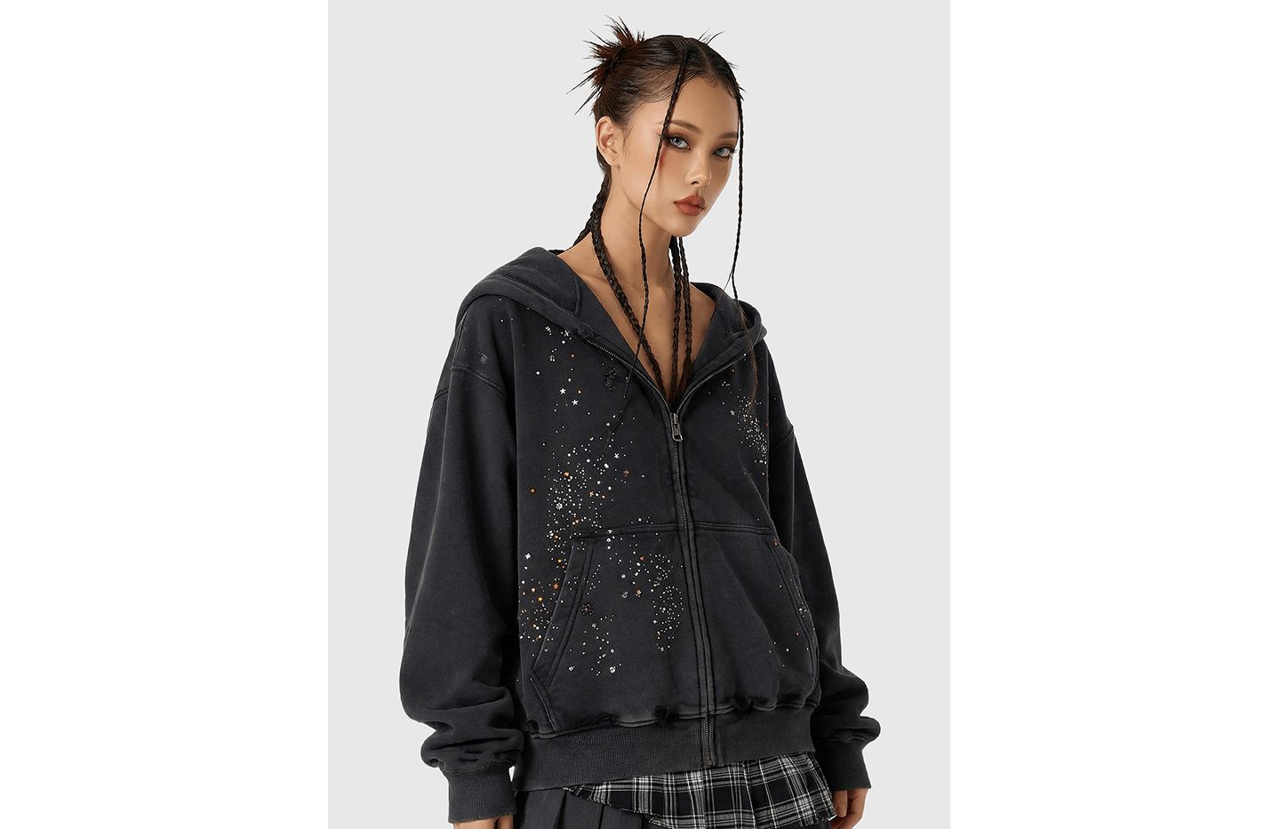 Женское худи AELFRIC EDEN Rhinestone Boxy Zip Up V302, цвет: Чёрный — фото 1