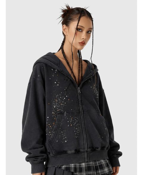 Женское худи AELFRIC EDEN Rhinestone Boxy Zip Up V302, цвет: Чёрный