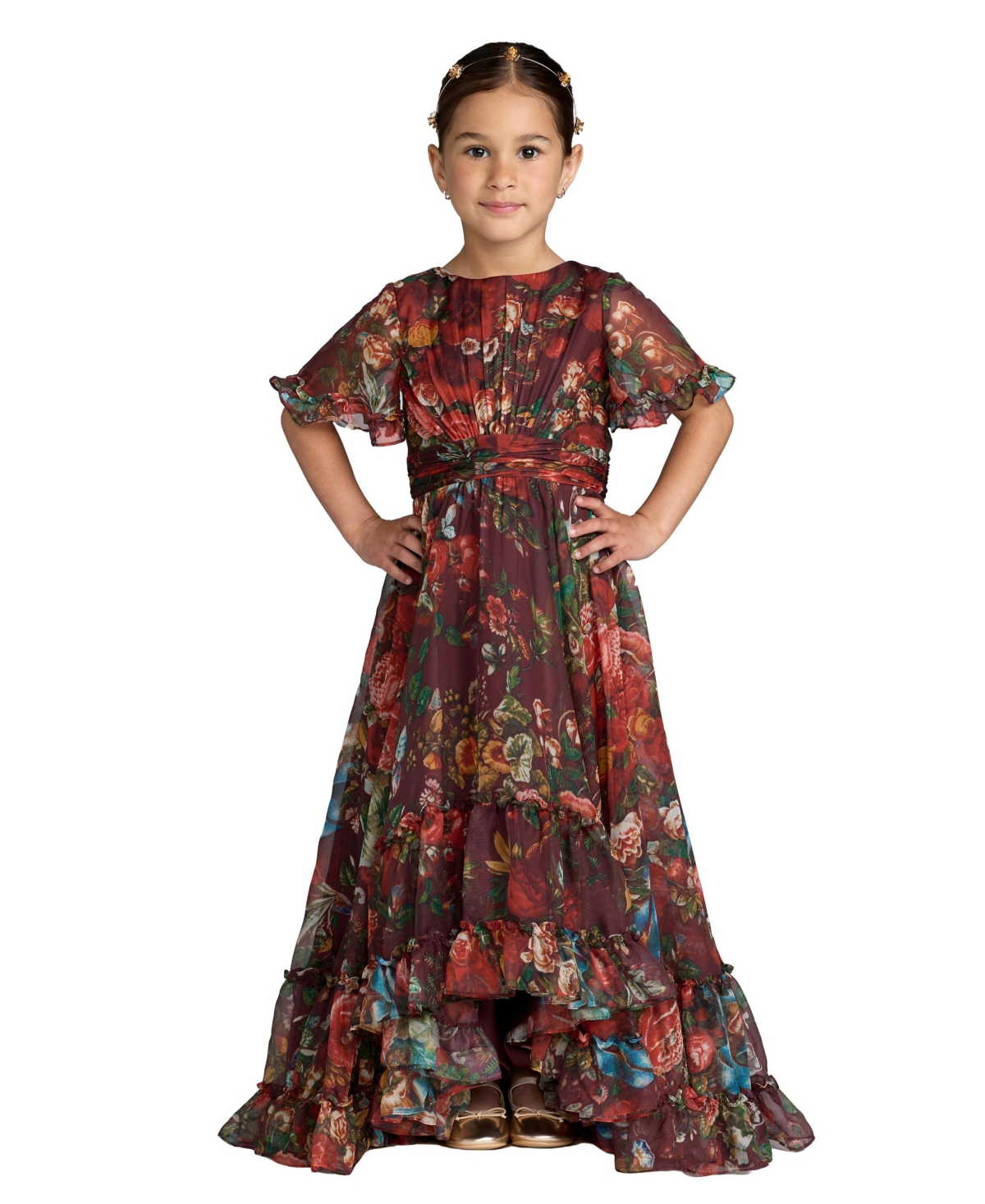 Mac Duggal Big Girls 6-14 High Neck Ruffle Hi Low Gown