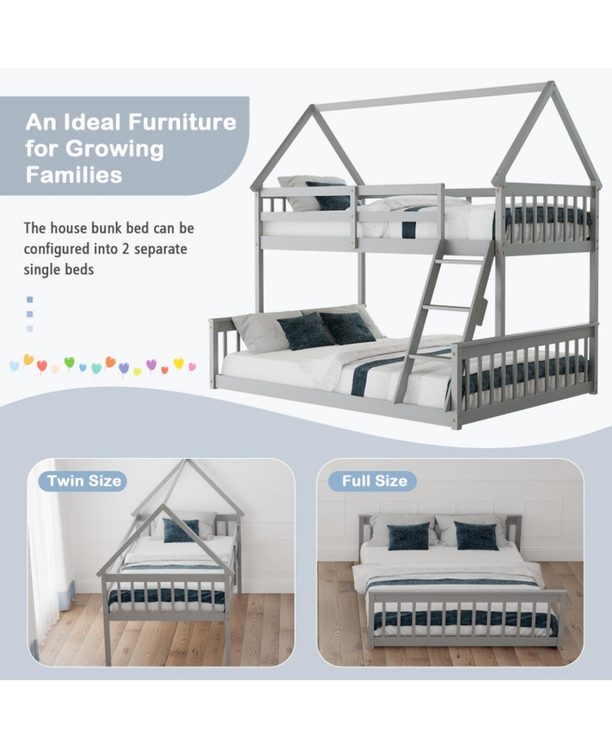 Gouun Twin Over Full Solid Pine House Bunk Bed with 12 Inch Guardrails