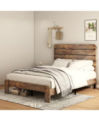 Queen Size Wood Platform Bed Frame with Metal Frame, Industrial Style, Wood Slats, No Box Spring Needed