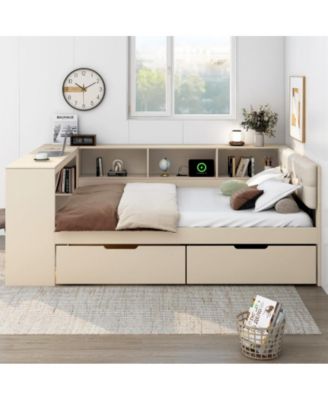 Full Size Wood Platform Bed with Storage Shelves, Drawers, USB Charging Station, Upholstered Headboard, No Box Spring Needed