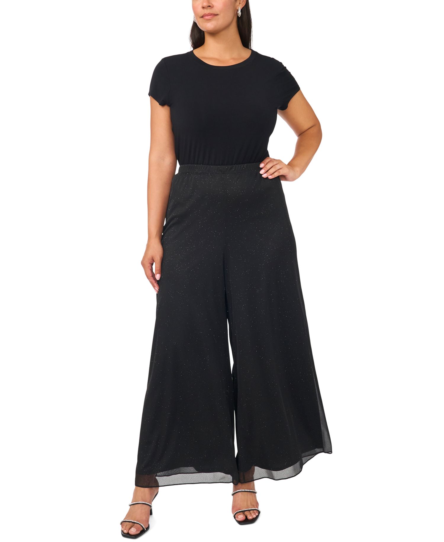 Plus Size Sparkle Mesh Wide-Leg Pull-On Pants