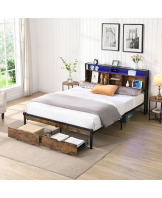 Full Size Platform Bed Frame with Wooden Headboard and Footboard, USB Outlets, LED Lights, 2 Drawers, No Box Spring Needed