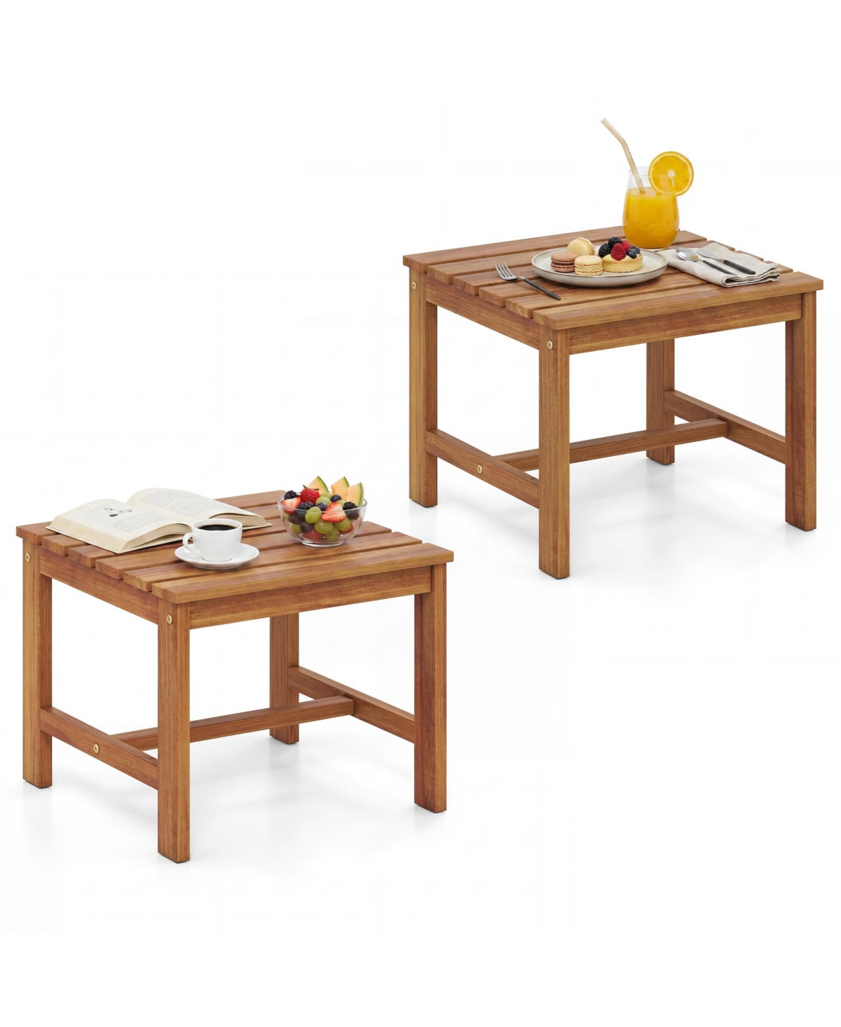 Gymax 2Pcs Patio Acacia Wood Accent Side Table 17'' Square End Table with Slatted Tabletop - Yellow