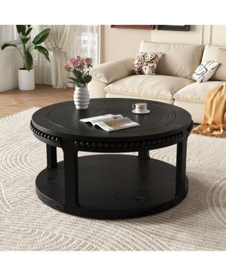 31.5" Round Coffee Table, 2-Tier Solid Wood Accent Table with Shelf