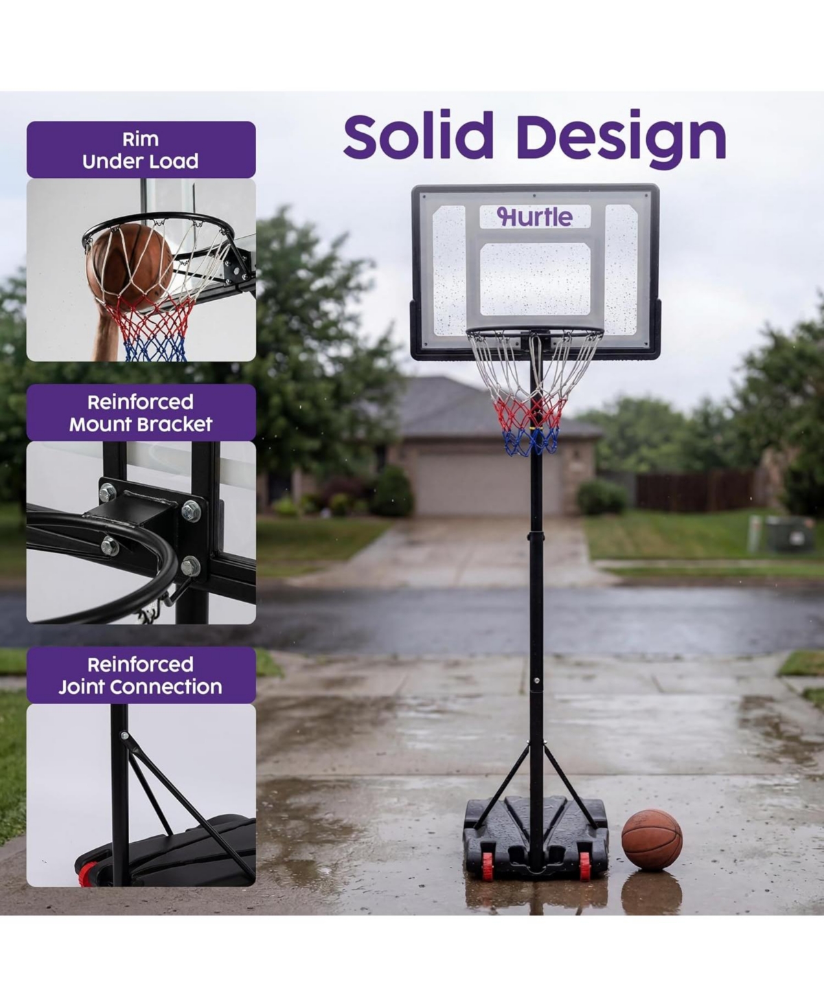 Hurtle Kids Portable Basketball Hoop - Adjustable Indoor Outdoor Basketball Goal with Wheels and Backboard for Kids Play