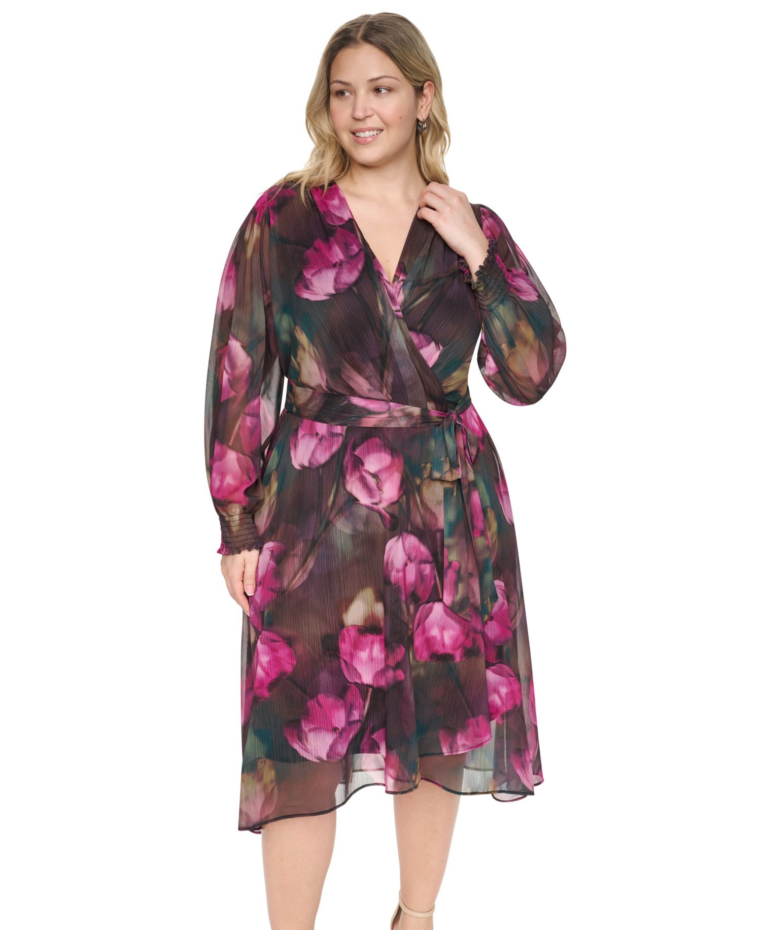 Petite Smocked Wrap Midi Floral-Print Long-Sleeve Dress