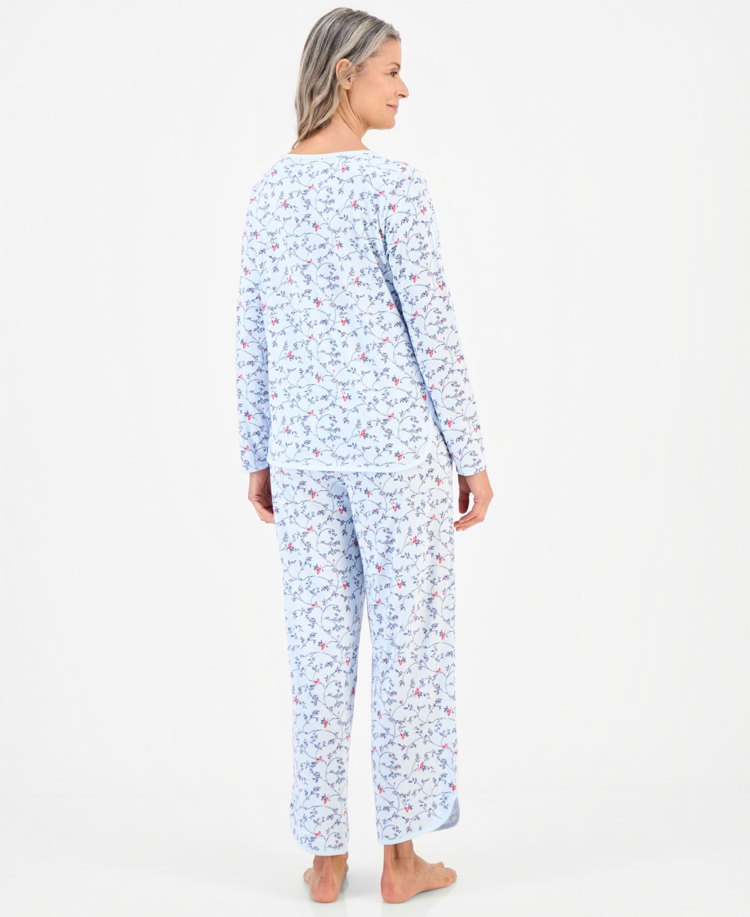Women's 100% Pima Cotton Long-Sleeve Scoop Neck Pajama Top and Pants Set