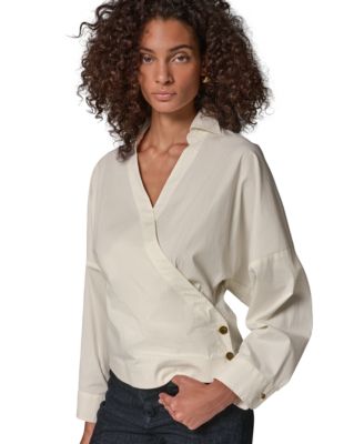 Women's Pinstripe Long-Sleeve Collared V-Neck Blouse