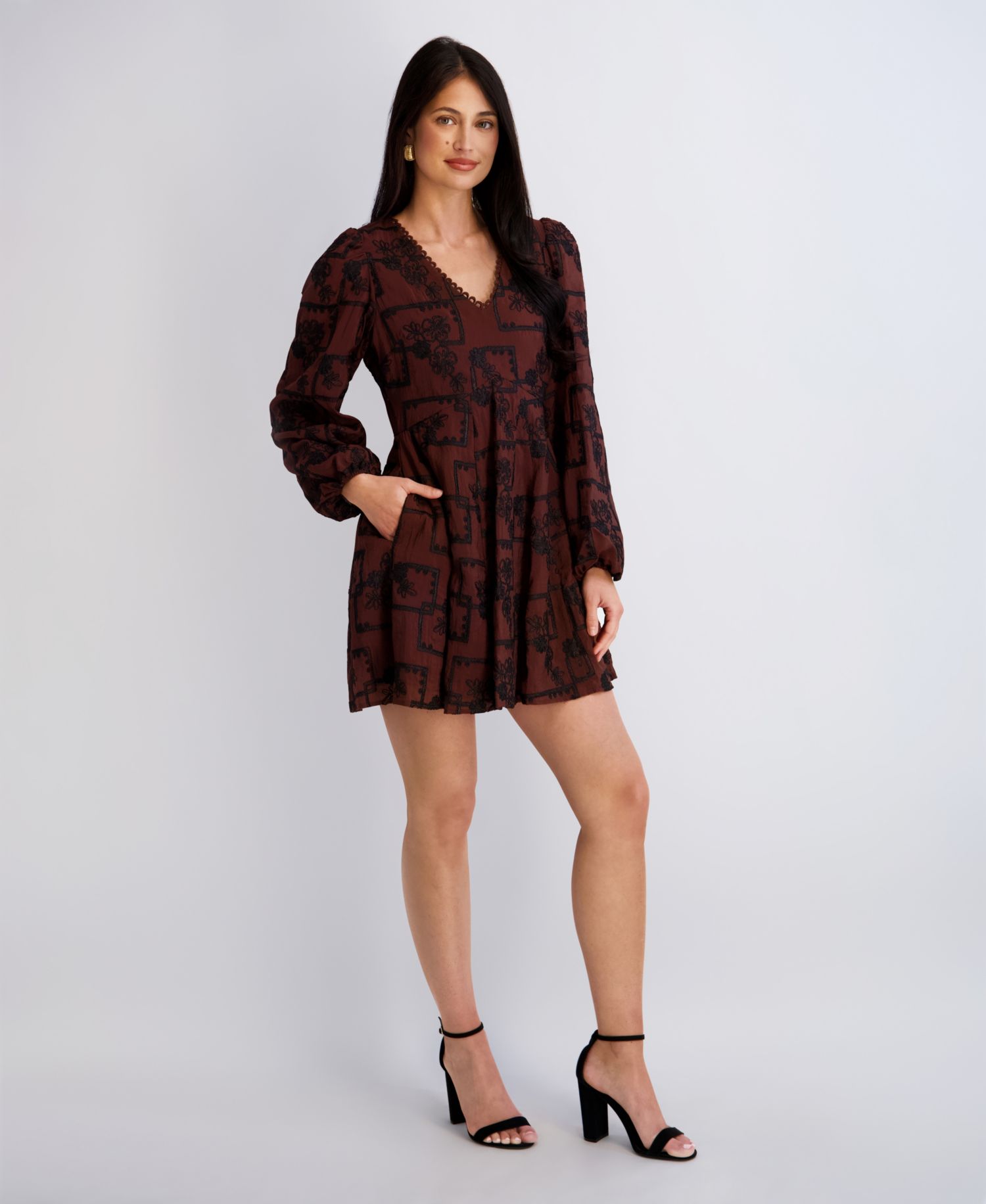 Women's Embroidered V-Neck Blouson Sleeve Mini Dress
