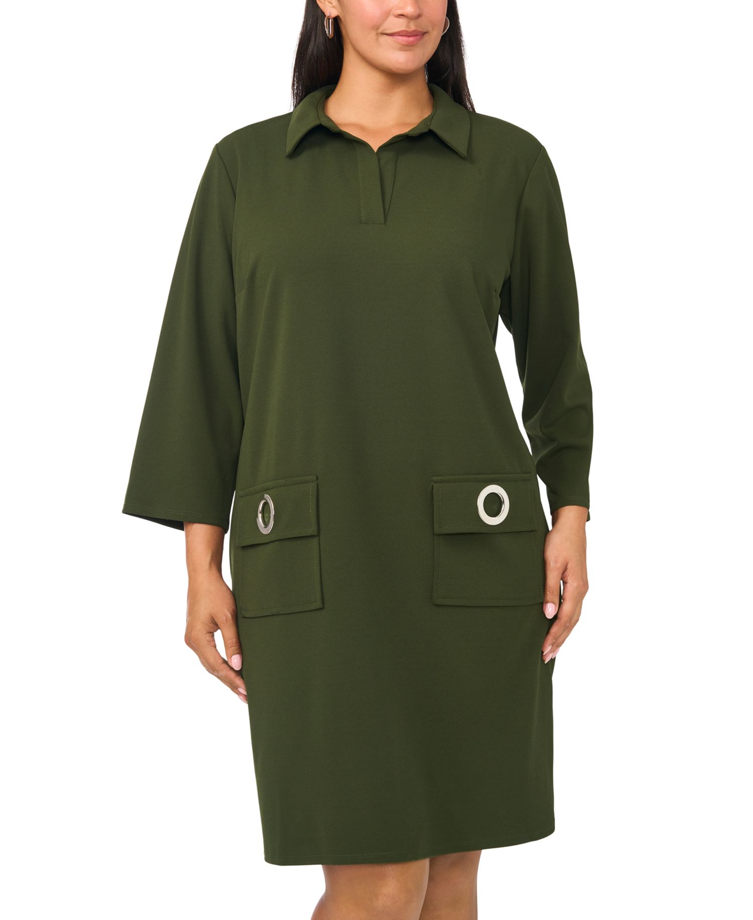 Plus Size Pocket Shift V-Neck 3/4-Sleeve Dress