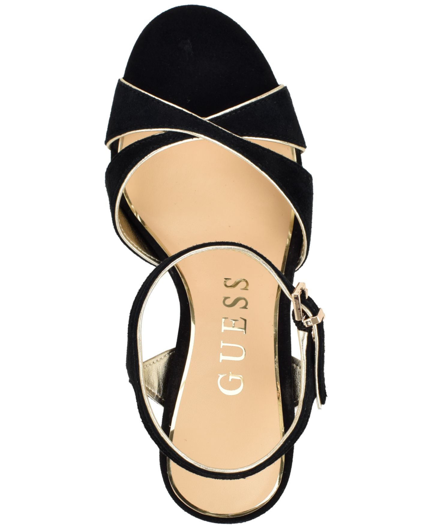 Женские сандалии GUESS Chaylen Suede Ankle Charms Stiletto Dress Sandals, цвет: Чёрный / Золотой — фото 4