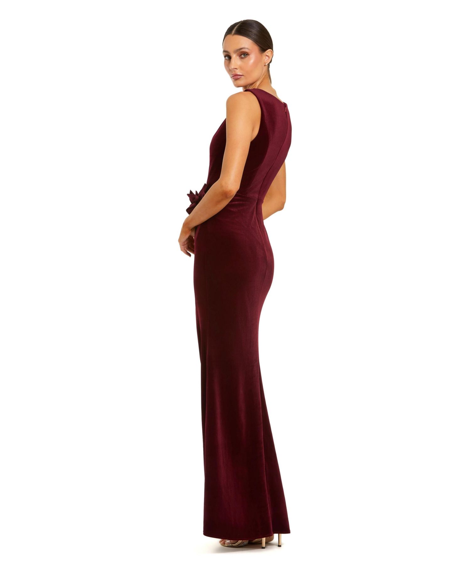 Women's High Neck Velvet Column Gown with 3D Floral Accents