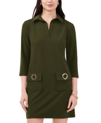Petite Faux-Pocket Shift Scuba Crepe Collared 3/4 Sleeve Dress