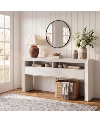Console Table with Drawers - 63" Farmhouse Entryway Table with Open Storage Shelves, Narrow Sofa Table Behind Couch, Durable PB+MDF