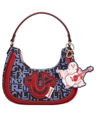 Graphic Horseshoe Hobo Bag with Buddha Charm and Logo Print