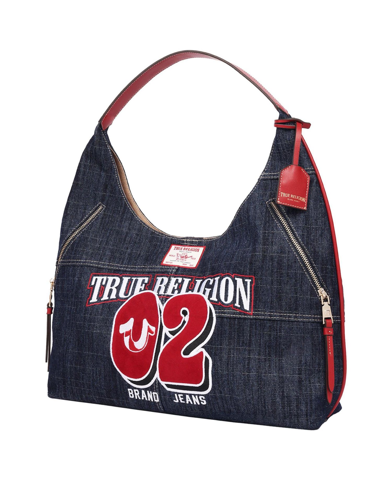 Varsity Logo Zip Pocket Denim Hobo Bag – Dark Denim Shoulder Purse