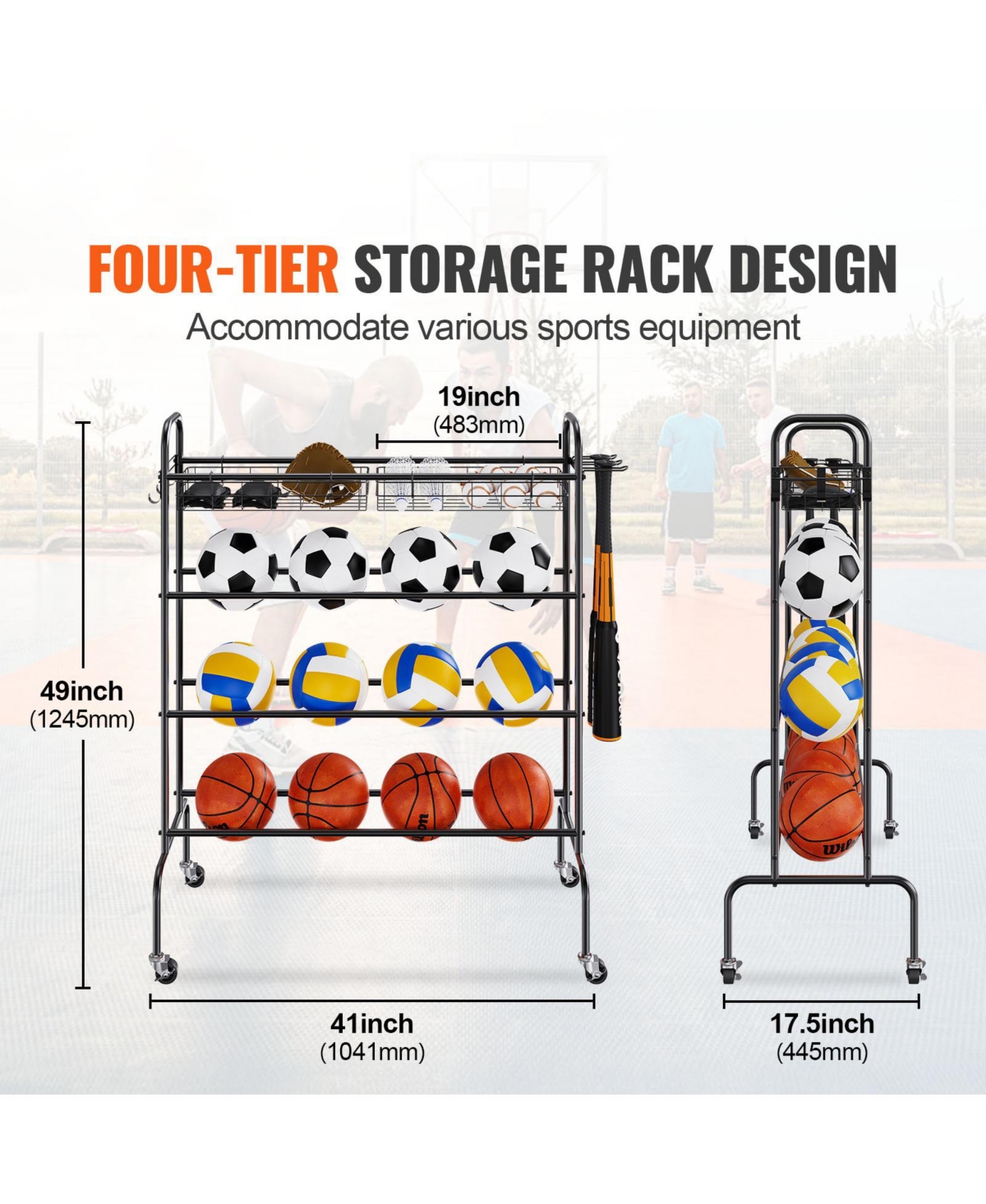 Sevorley 4-Tier Rolling Basketball Rack, Sports Ball Storage Organizer with Wheels, Hooks, and Baskets