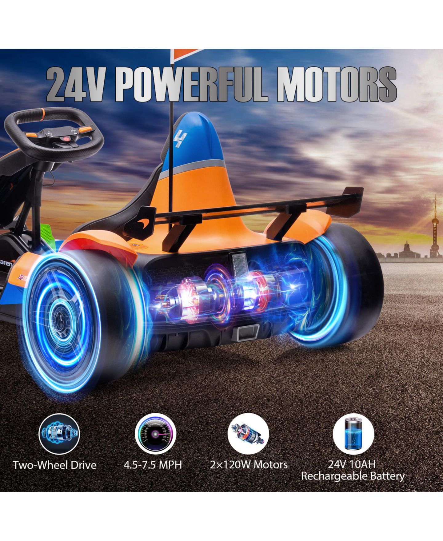 Детская игрушка homfan 24V Kids Ride-On Car, Dual 120W Motors, High/Low Speed Modes, 54"L x 31"W x 22"H, 140 lb Capacity, Ages 6 plus, цвет: Оранжевый — фото 6