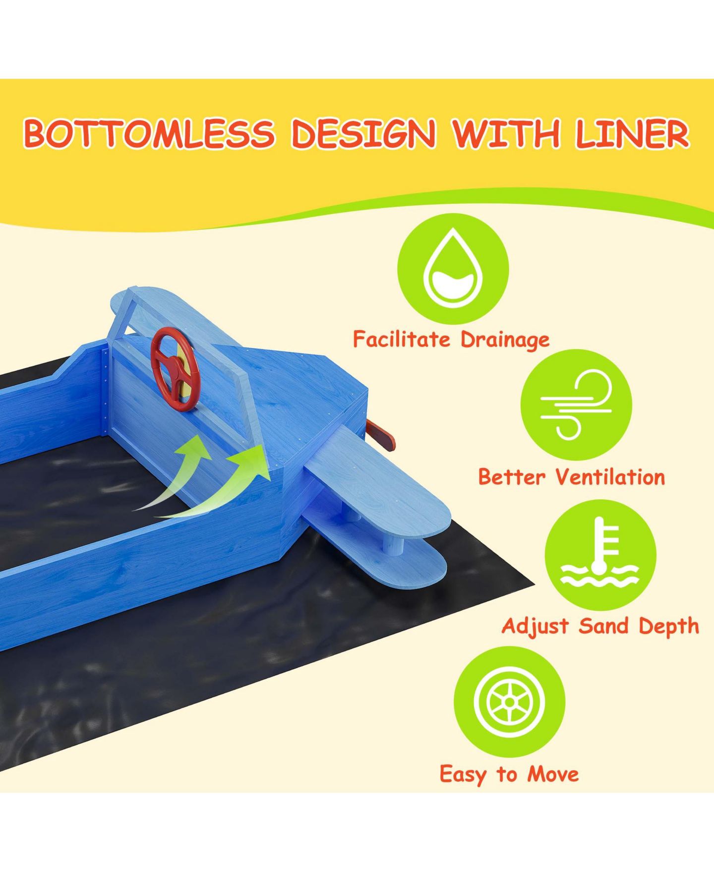 Детская игрушка homfan Airplane Themed Wooden Sand and Water Table, Fir Wood Sandbox with Adjustable Rotatable Canopy for Kids Ages 3 to 8 — фото 5